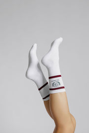 White socks with deep cherry stripes