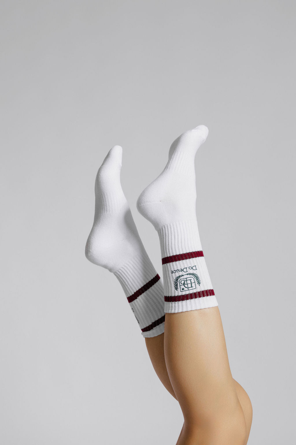 White socks with deep cherry stripes